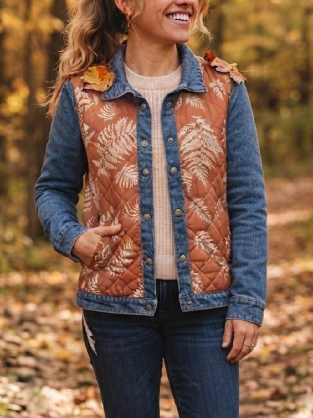 Böhme Rust/Terracotta Quilted Fern-Print Denim Jacket XS